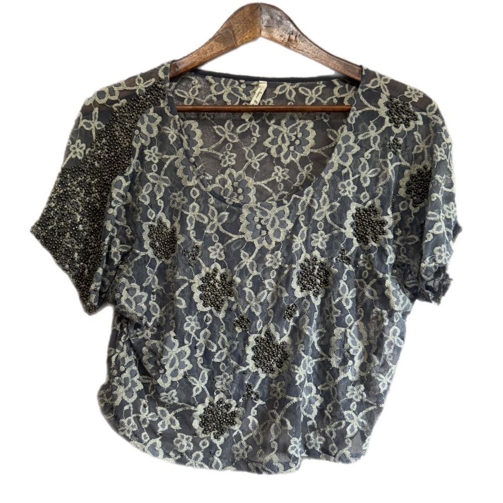 Willow & Clay Lace Blouse Womens M Gray Beaded Floral Sheer Lurex Excellent